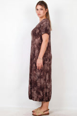 Plus‑Size Kleid Kurzarm Mit Druckknopf Am Saum — Braun
