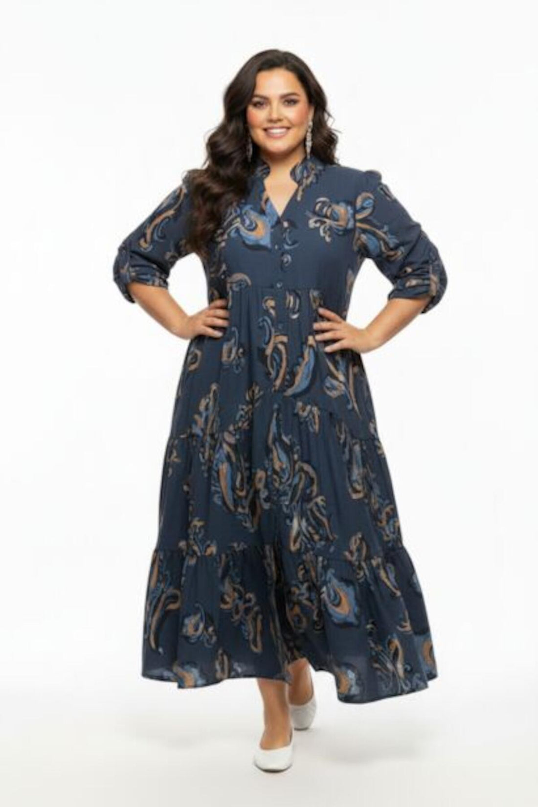 Plus - Size Maxi - Jurk Met Halve Knoopsluiting — Blauw