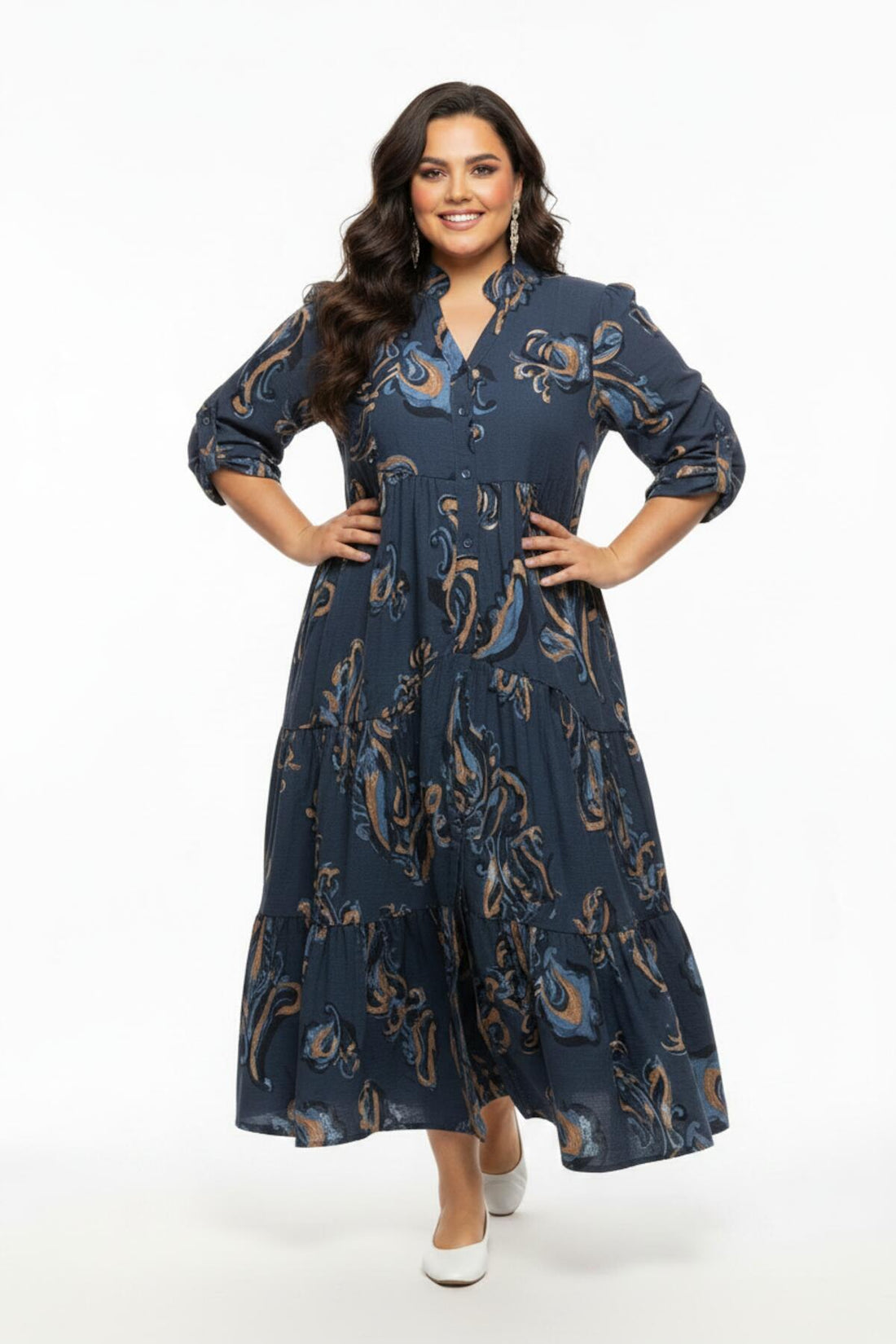 Plus - Size Maxikleid Mit Elastischen Ärmelabschlüssen – Beige
