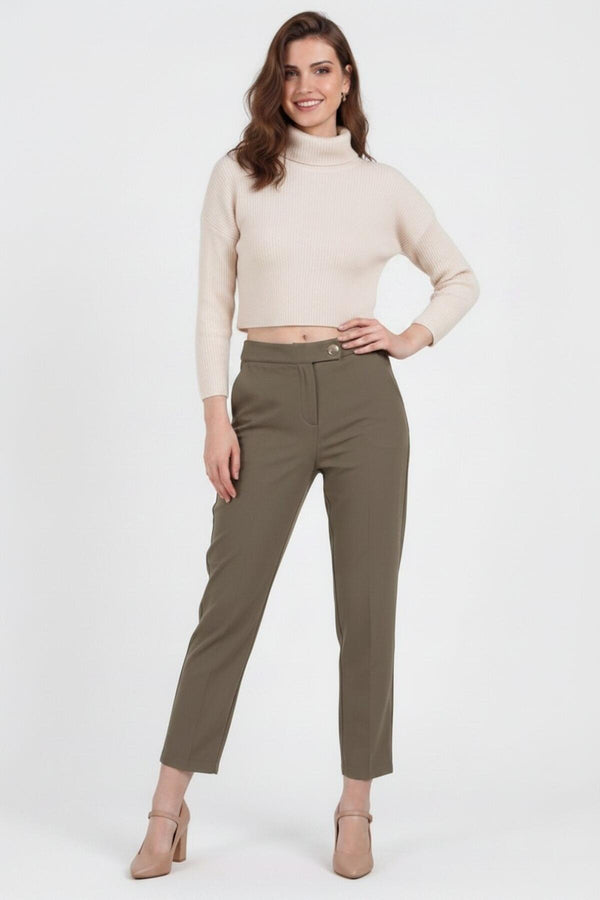 Stofbroek Met Hoge Taille En Elastische Tailleband — Khaki