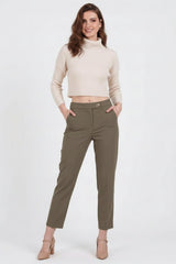 Stofbroek Met Hoge Taille En Elastische Tailleband — Khaki