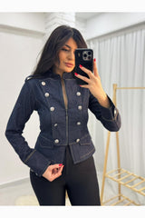 Denimjack Met Opstaande Kraag, Ritssluiting En Knopdetails — Donkerblauw