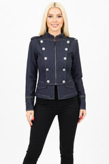 Denimjack Met Opstaande Kraag, Ritssluiting En Knopdetails — Donkerblauw