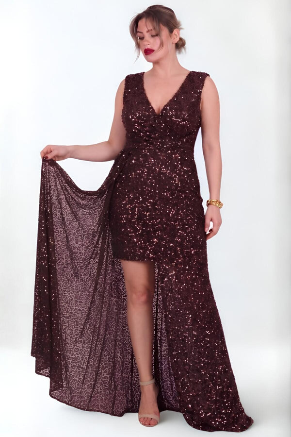 Plussize Mouwloze Paillettenjurk — Bruin