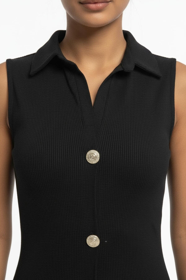 Lange Ottoman‑Jurk Met Knoopsluiting — Zwart