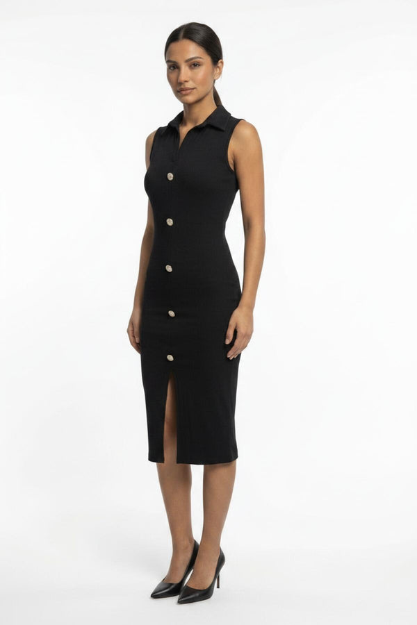 Lange Ottoman‑Jurk Met Knoopsluiting — Zwart