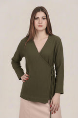 Khaki Mousseline Wikkelkimono - Tuniek