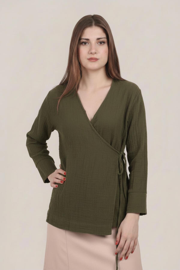 Khaki Mousseline Wikkelkimono - Tuniek