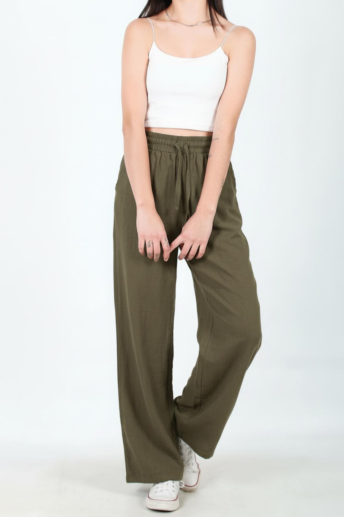 Weit Geschnittene Baumwoll‑Leinen‑Hose – Khaki