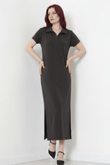 Anthrazit Maxikleid Mit Kragen Und Schlitz