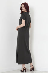 Anthrazit Maxikleid Mit Kragen Und Schlitz