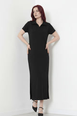 Langes Kleid Mit Kragen Und Schlitz — Schwarz