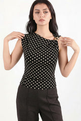 Gestipte Blouse Met Schoudergesp — Zwart