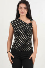 Gestipte Blouse Met Schoudergesp — Zwart