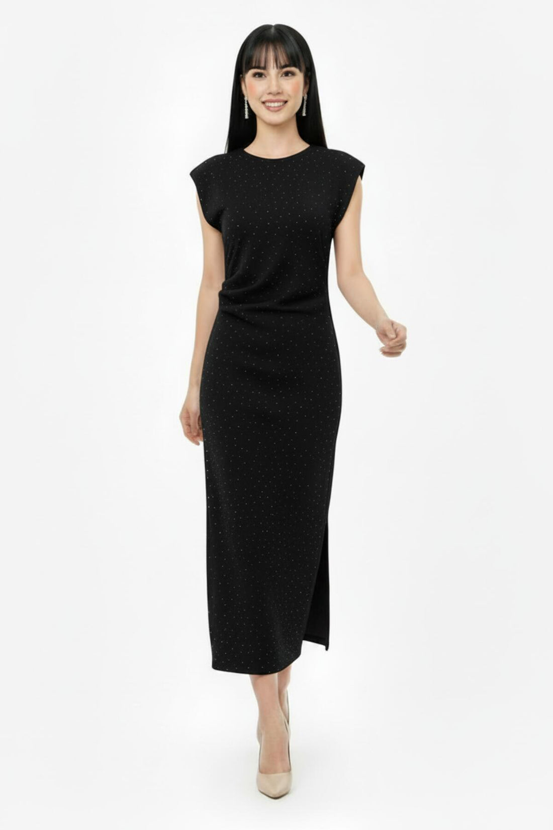 Geplooide Taillejurk Met Steendecoratie — Zwart
