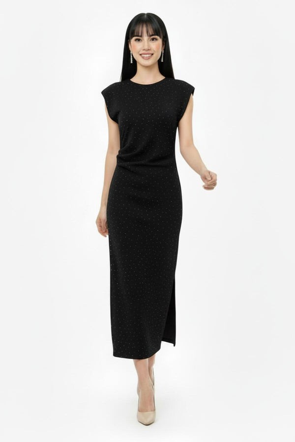 Geplooide Taillejurk Met Steendecoratie — Zwart