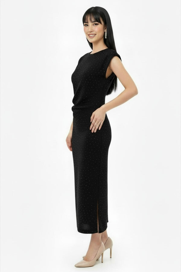 Geplooide Taillejurk Met Steendecoratie — Zwart