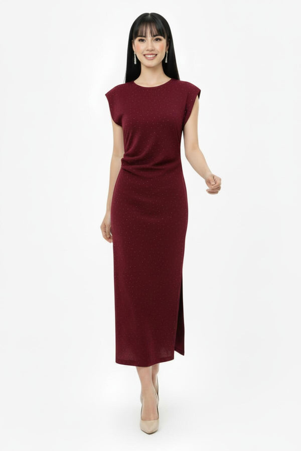 Jurk Met Gerimpelde Taille En Stenen — Bordeaux