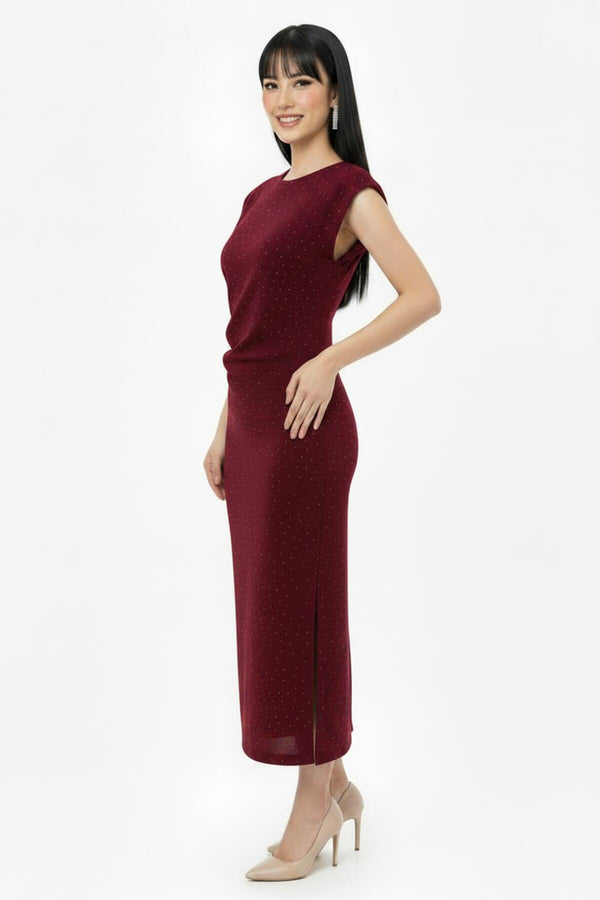 Jurk Met Gerimpelde Taille En Stenen — Bordeaux