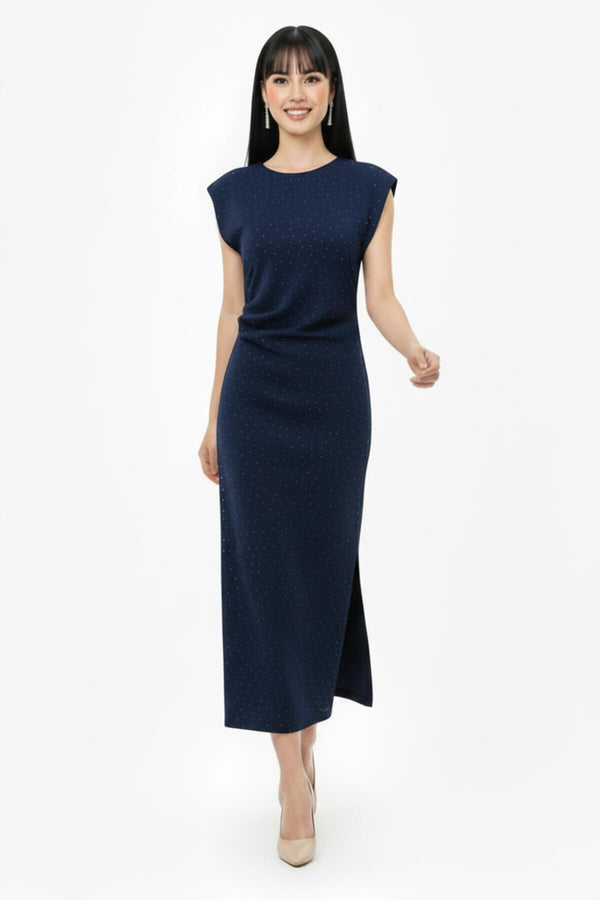 Jurk Met Geplooide Taille En Steendecoratie — Marineblauw