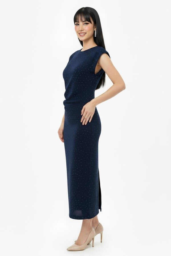 Jurk Met Geplooide Taille En Steendecoratie — Marineblauw