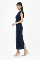 Jurk Met Geplooide Taille En Steendecoratie — Marineblauw