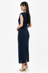 Jurk Met Geplooide Taille En Steendecoratie — Marineblauw