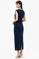 Jurk Met Geplooide Taille En Steendecoratie — Marineblauw