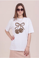 Kers T - Shirt Met Steendecoratie — Wit