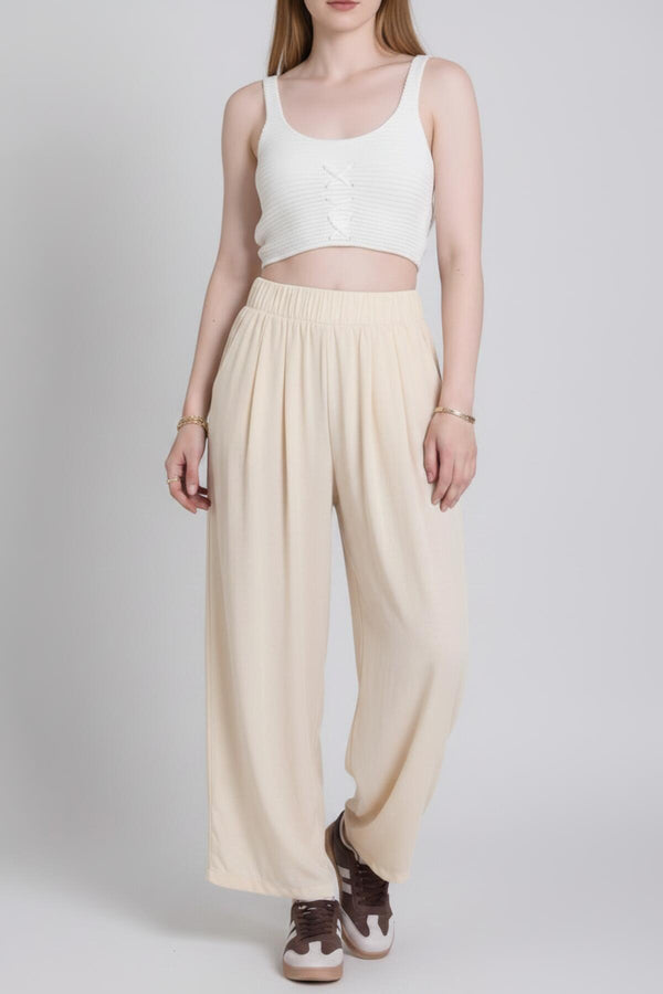 Tencel Wijde Broek Met Geplooide Pijpen, Ecru