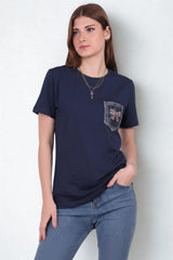 Marineblauw T - Shirt Met Geborduurde Zak
