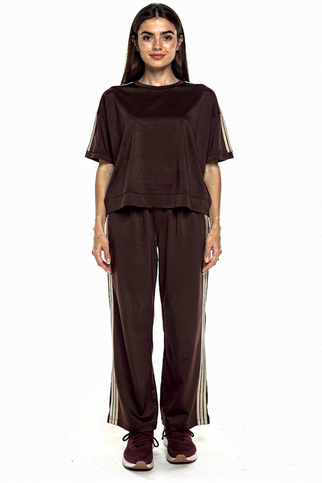Short - Sleeve Set With Stripe Detail — Brown