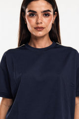 Navy Short‑Sleeve Set With Stripe Detail