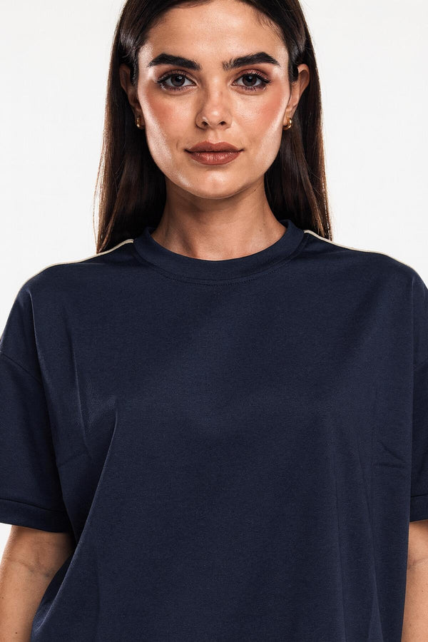 Kortmouwset Met Streepdetail, Navy