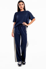 Navy Short‑Sleeve Set With Stripe Detail