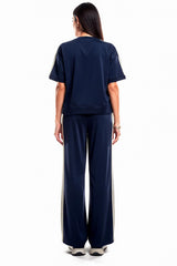 Navy Short‑Sleeve Set With Stripe Detail