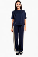 Navy Short‑Sleeve Set With Stripe Detail