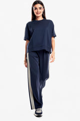 Navy Short‑Sleeve Set With Stripe Detail