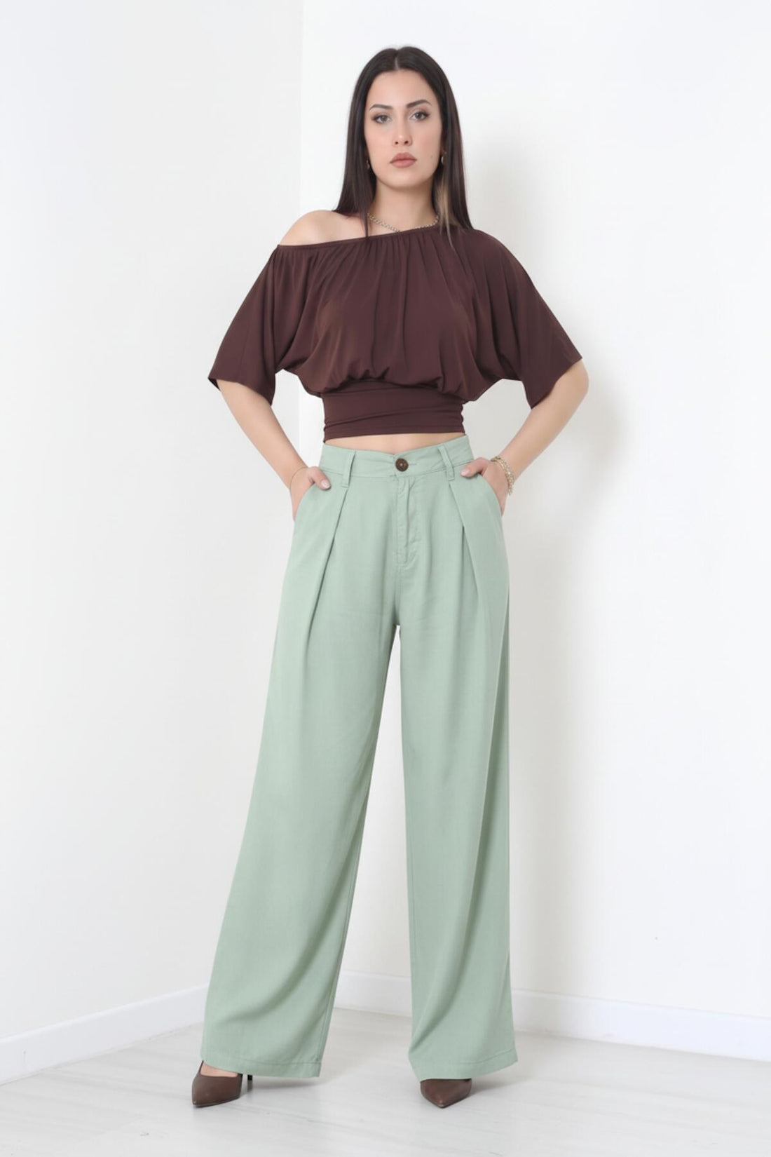 Tencel Plissébroek Met Elastische Taille – Kaki