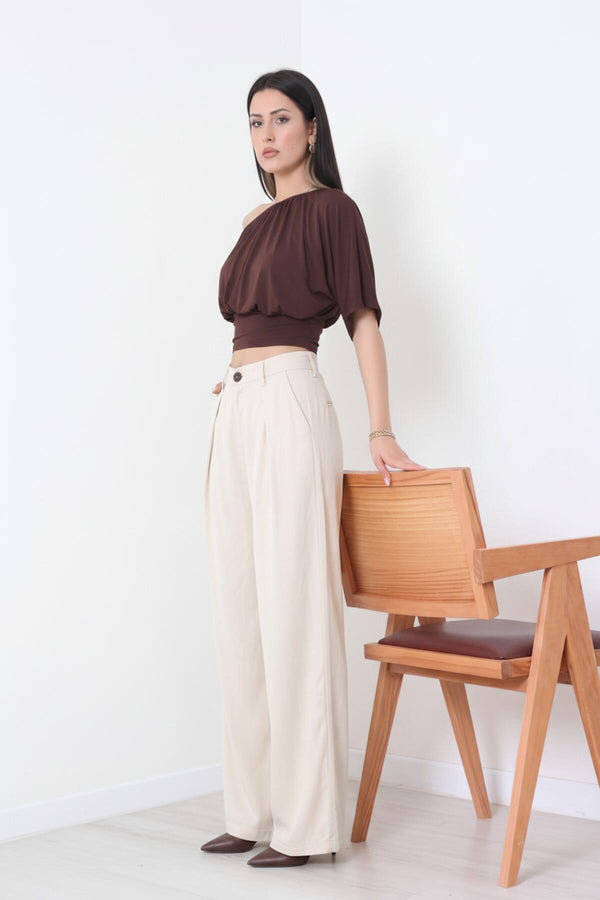 Tencel Broek Met Plooien En Elastische Taille, Nude