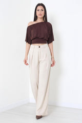 Tencel Broek Met Plooien En Elastische Taille, Nude