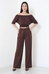 Tencel Geplooide Broek Met Elastische Taille – Bruin