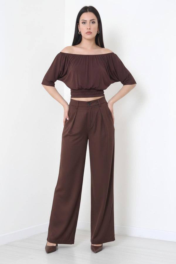Tencel Geplooide Broek Met Elastische Taille – Bruin
