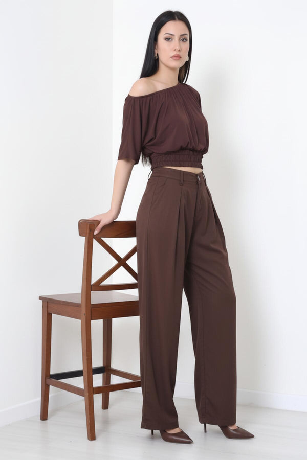 Tencel Geplooide Broek Met Elastische Taille – Bruin