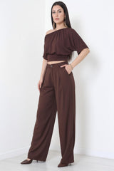 Tencel Geplooide Broek Met Elastische Taille – Bruin