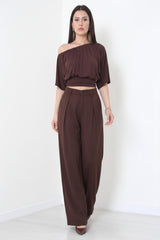Tencel Geplooide Broek Met Elastische Taille – Bruin
