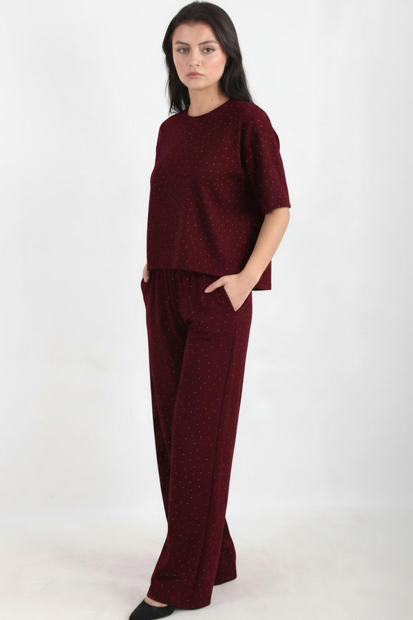Bordeaux Set Met Sierstenen, Ronde Hals