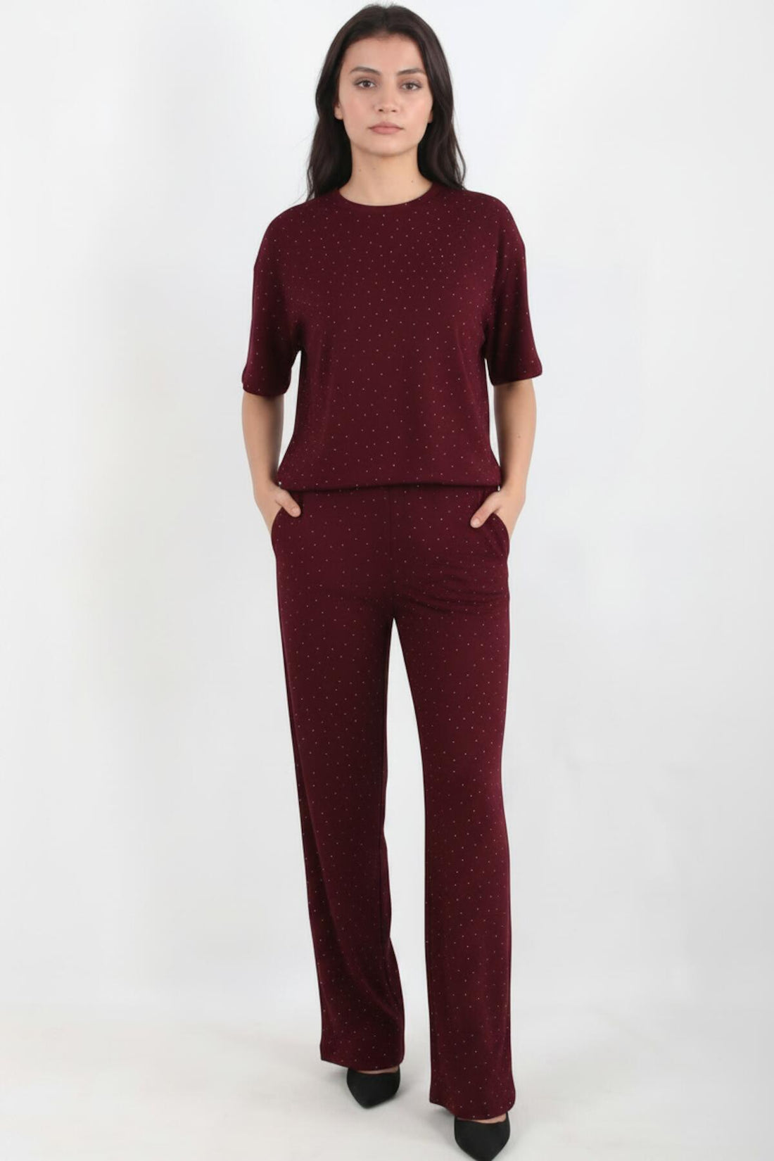 Bordeaux Set Met Sierstenen, Ronde Hals