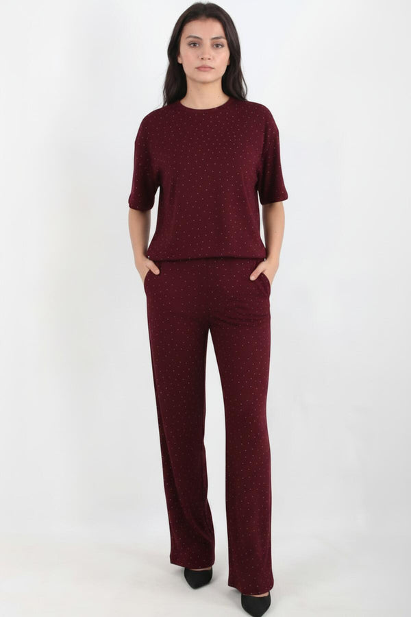 Bordeaux Set Met Sierstenen, Ronde Hals