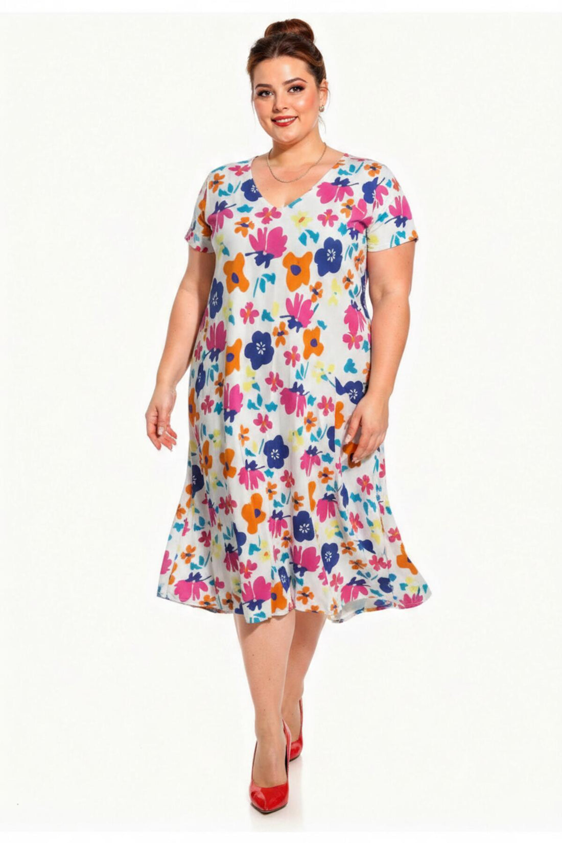 V‑Ausschnitt Kleid (Große Größen) Mit Muster — Ecru